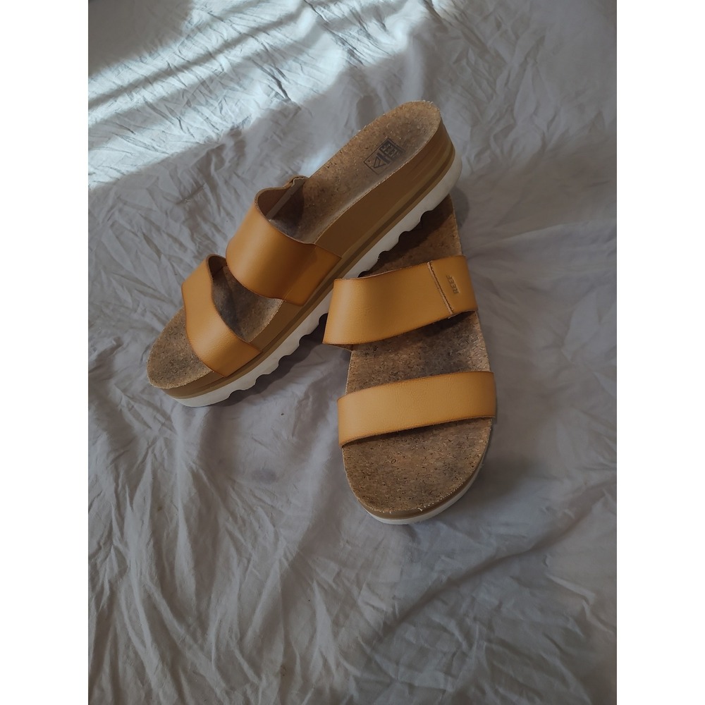 REEF Cushion Vista Hi Women SZ 11 Platform Slide Sandals tan Leather boho beachy